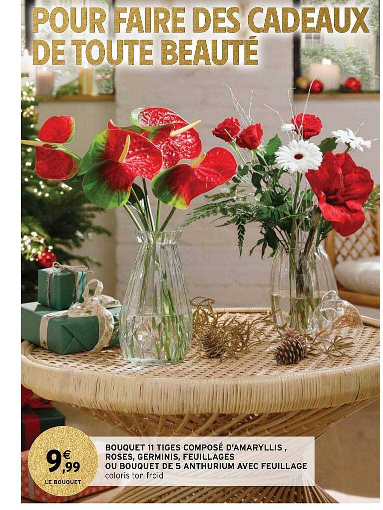 bouquet 11 tiges composé d'amaryllis roses, germinis, feuillages ou bouquet de 5 anthurium avec feuillage