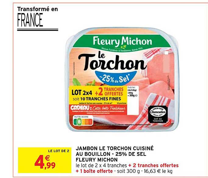 jambon le torchon cuisiné au bouillon -25% de sel fleury michon