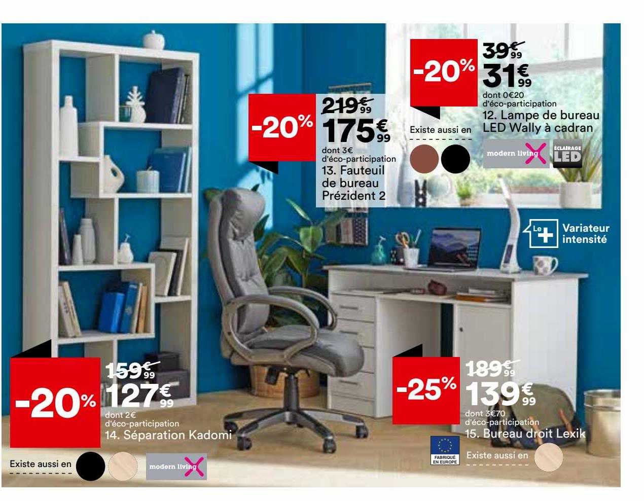 séparation kadomi modern living, fauteuil de bureau prézident 2, lampe de bureau led wally à cadran modern living, bureau droit lexik