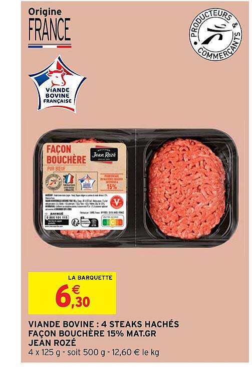 viande bovine : 4 steaks hachés façon bouchère 15% mat.gr jean rozé