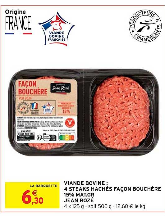 viande bovine : 4 steaks hachés façon bouchère 15% mat.gr jean rozé