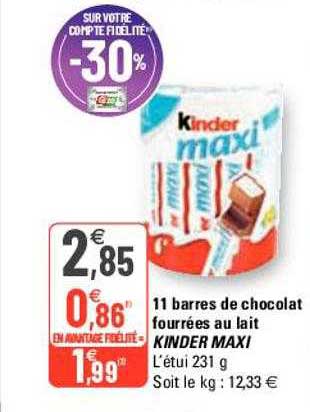 11 Barres De Chocolat Fourrées Au Lait Kinder Maxi