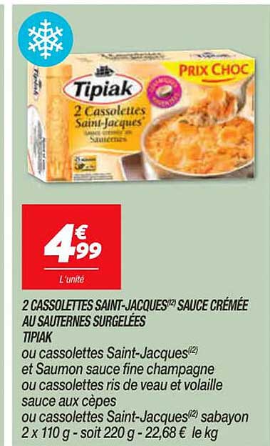 2 cassolettes Saint-Jacques sauce crémée au sauternes surgelées tipiak