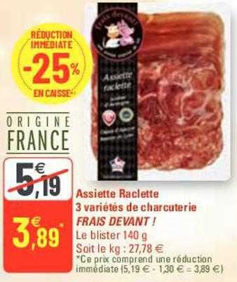 assiette raclette 3 variétés de charcuterie frais devant