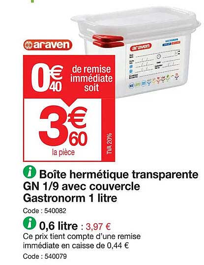 boîte hermétique transparente gn 1-9 avec couvercle gastronorm 1 litre