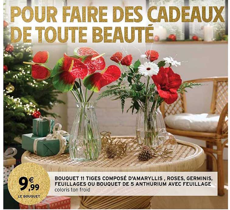 Bouquet 11 Tiges Composé D'amaryllis, Roses, Germinis, Feuillages Ou Bouquet De 5 Anthurium Avec Feuillage