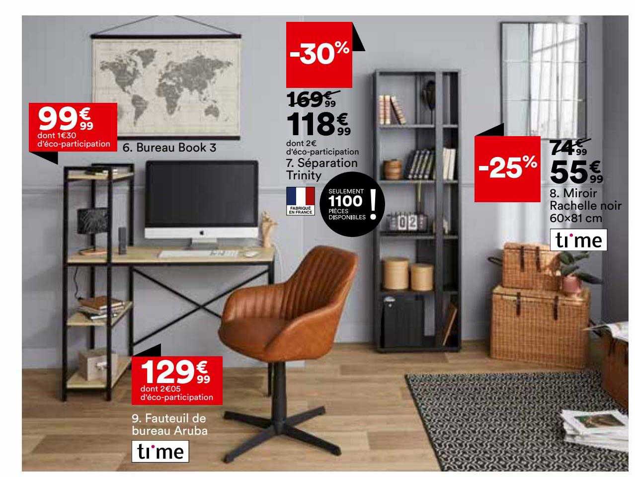 bureau book 3, fauteuil de bureau aruba ti'me, séparation trinty, miroir rachelle noir 60 x 81 cm ti'me