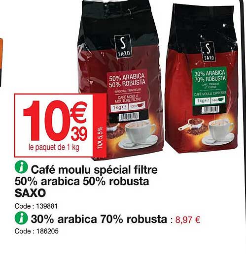 Café Moulu Spécial Filtre 50% Arabica 50% Robusta Saxo, 30% Arabica 70% Robusta