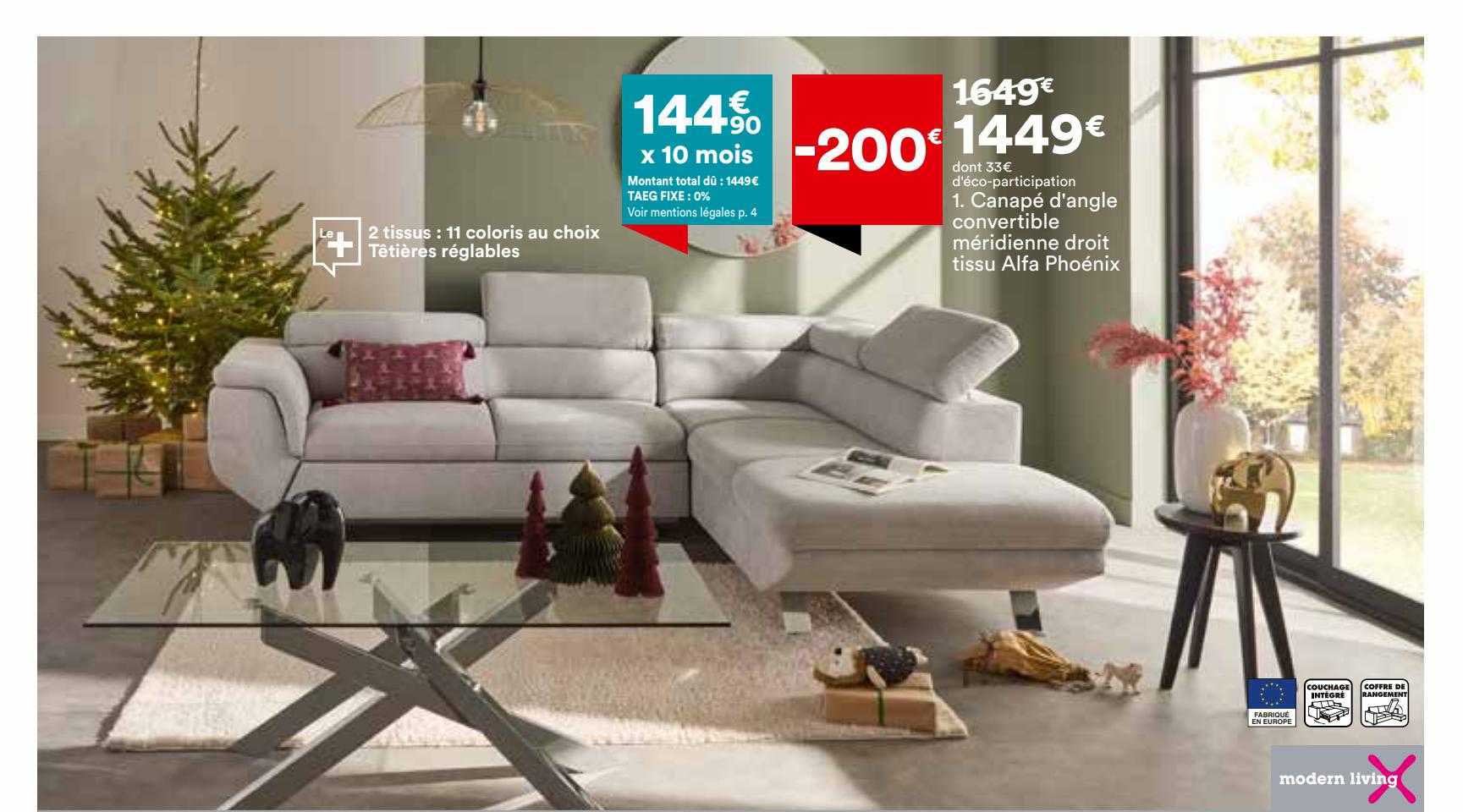 canapé d'angle convertible méridienne droit tissu alfa phoénix modern living