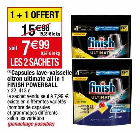capsules lave-vaisselle citron ultimate all in 1 finish powerball 1+1 offert