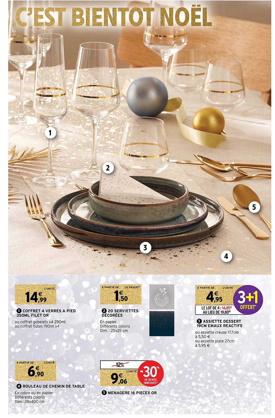 coffret 4 verres à pied 350ml filet or, 20 serviettes décorées, assiette dessert 19 cm émaux réactifs, rouleau de chemin de table, ménagère 16 pièces or