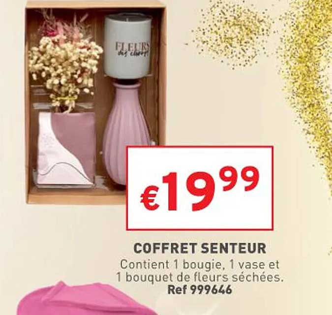 coffret senteur contient 1 bougie 1 vase et 1 bouquet de fleurs séchées