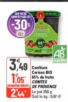 confiture cerises bio 65% de fruits comtes de provence