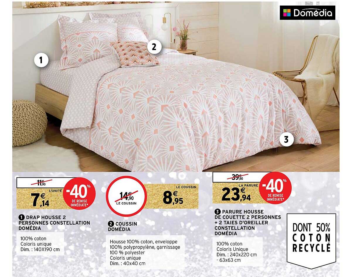 drap housse 2 personnes constellation domédia, coussin domédia, parure housse de couette 2 personnes + 2 taies d'oreillers constellation domédia