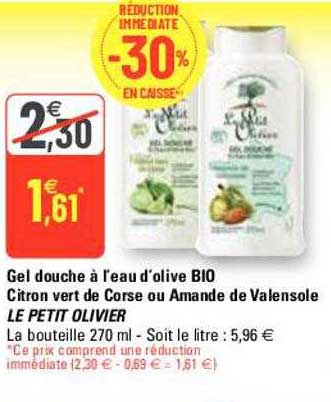 gel douche à l'eau d'olive bio citron vert de corse ou amande de valensole le petit olivier