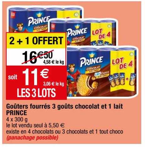 goûters fourrrés 3 goûts chocolat et 1 lait prince 2+1 offert