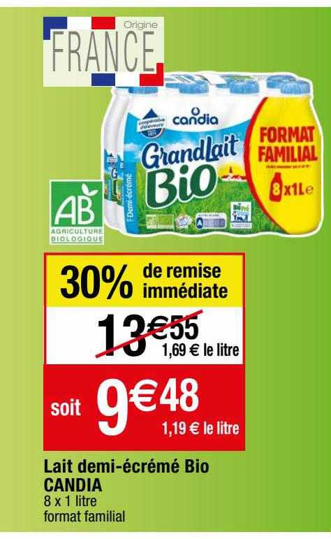 lait demi-écrémé bio candia 30% de remise immédiate