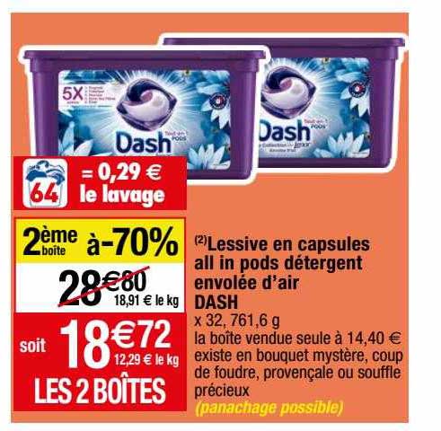 lessive en capsules all in pods déergent envolée d'air dash 2ème boîte à -70%