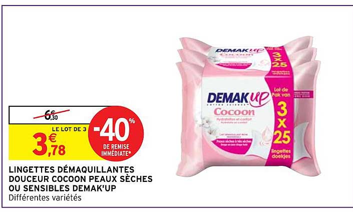 lingettes démaquillantes douceur cocoon peaux sèches ou sensibles demak'up
