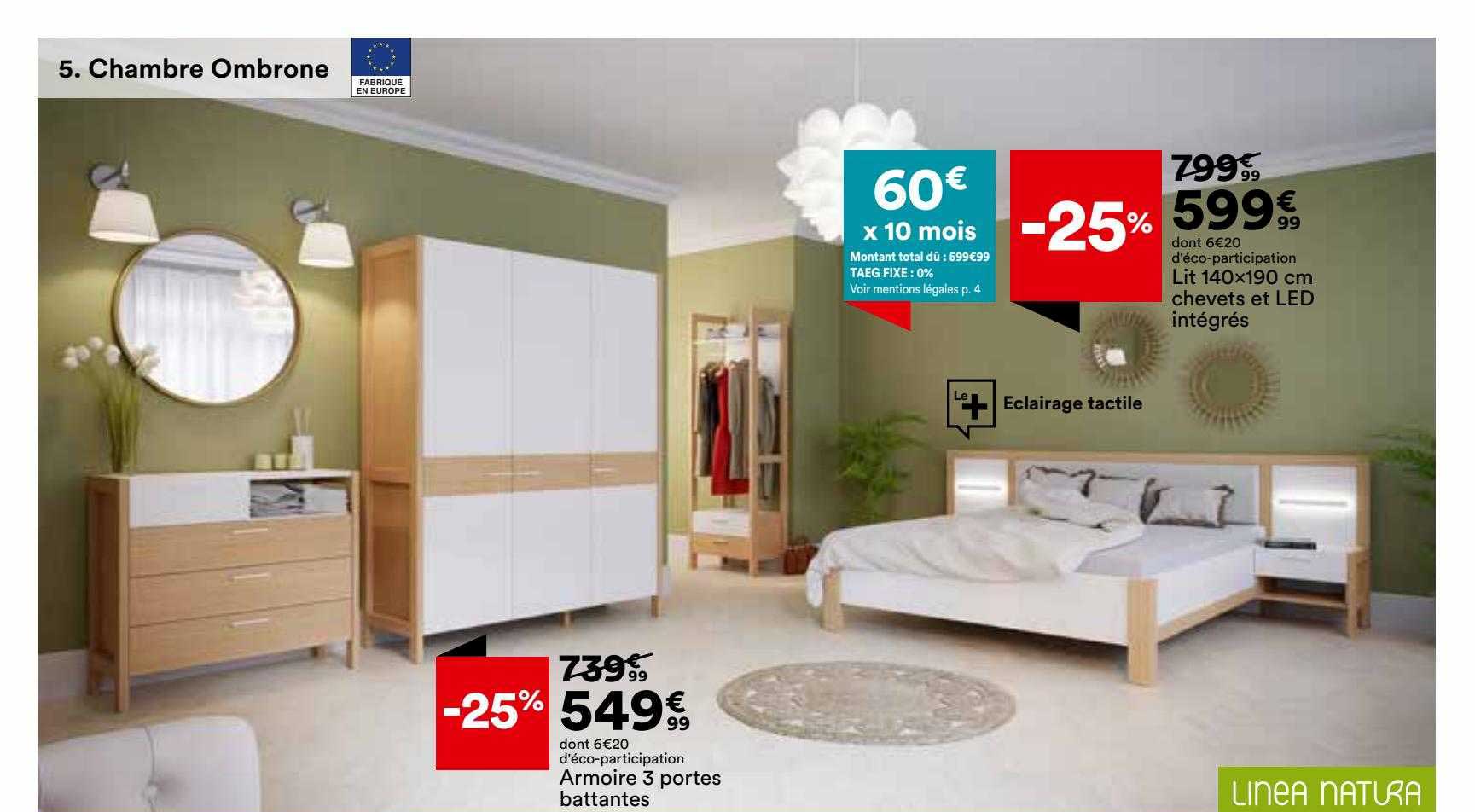 lit 140 x 190 cm chevets et led intégrés, armoire 3 portes battantes linea natura