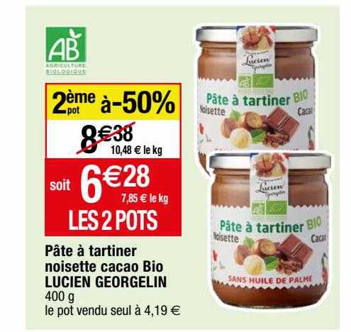 pâte à tartiner noisette cacao bio lucien georgelin 2ème pot à -50%