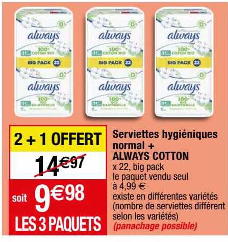Serviettes Hygiéniques Normal + Always Cotton 2+1 Offert