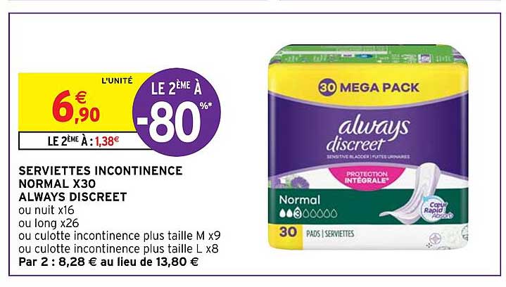 serviettes incontinence normal x30 always discreet