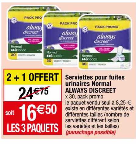 serviettes pour fuites urinaires normal always discreet 2+1 offert