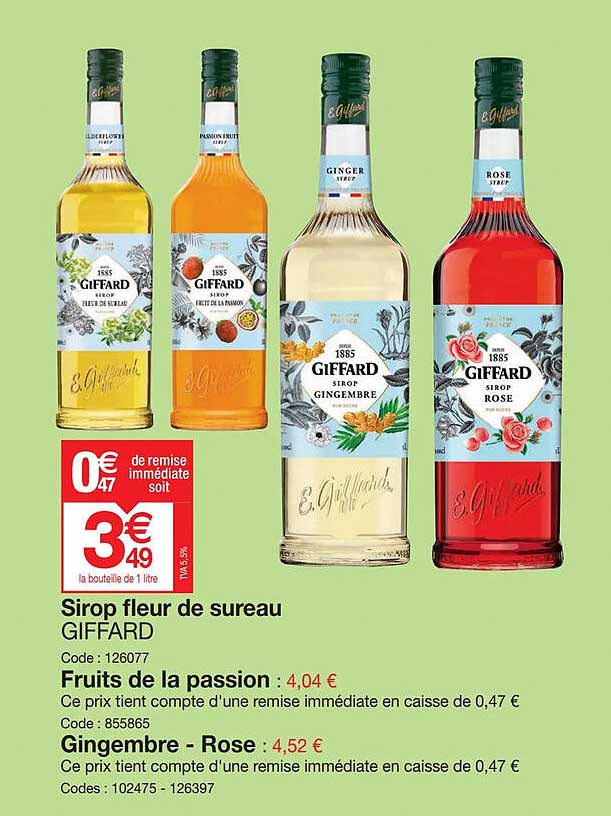 sirop fleur de sureau giffard, fruits de la passion, gingembre - rose