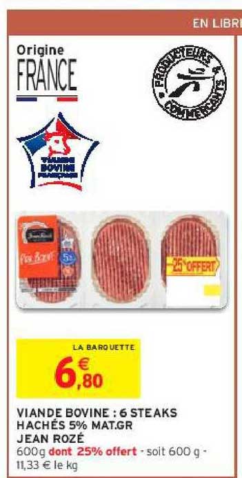 viande bovine : 6 steaks hachés 5% mat.gr jean rozé