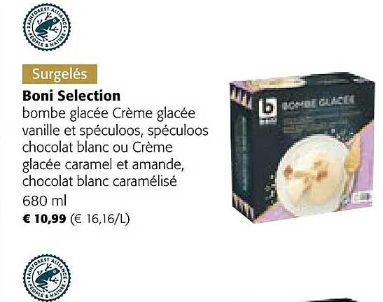 bombe glacée crème glacée vanille et spéculoos, spéculoos chocolat blanc ou crème glacée caramel et amande, chocolat blanc caramélisé boni sélection
