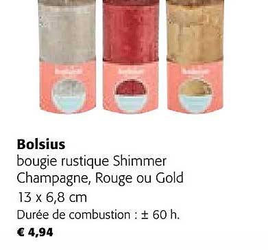 bougie rustique shimmer champagne, rouge ou gold bolsius