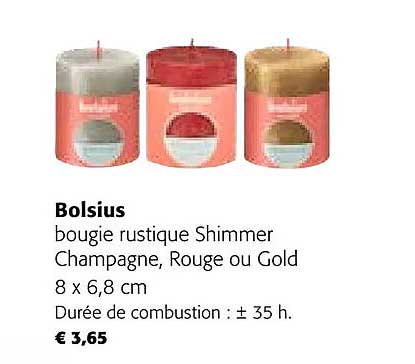 bougie rustique shimmer champagne, rouge ou gold bolsius