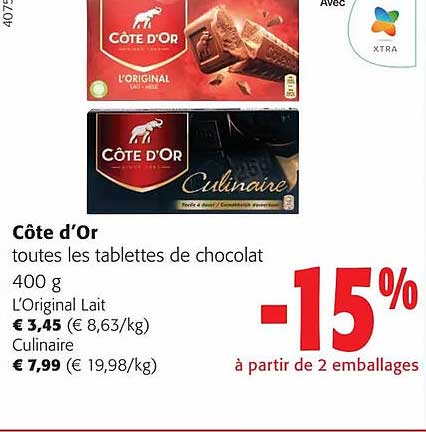 côte d'or toutes les tablettes de chocolat l'original lait culinaire