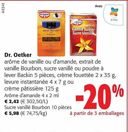 dr oetker arôme de vanille ou d'amande extrait de vanille bourbon sucre vanillé ou poudre à lever backin crème fouettée levure instantanée