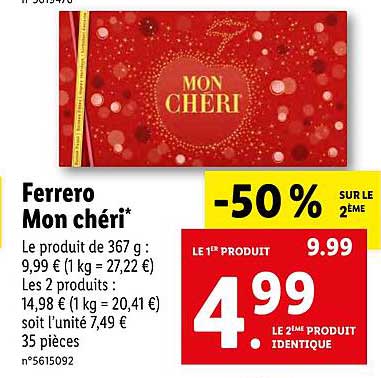 ferrero mon chéri -50% sur le 2ème