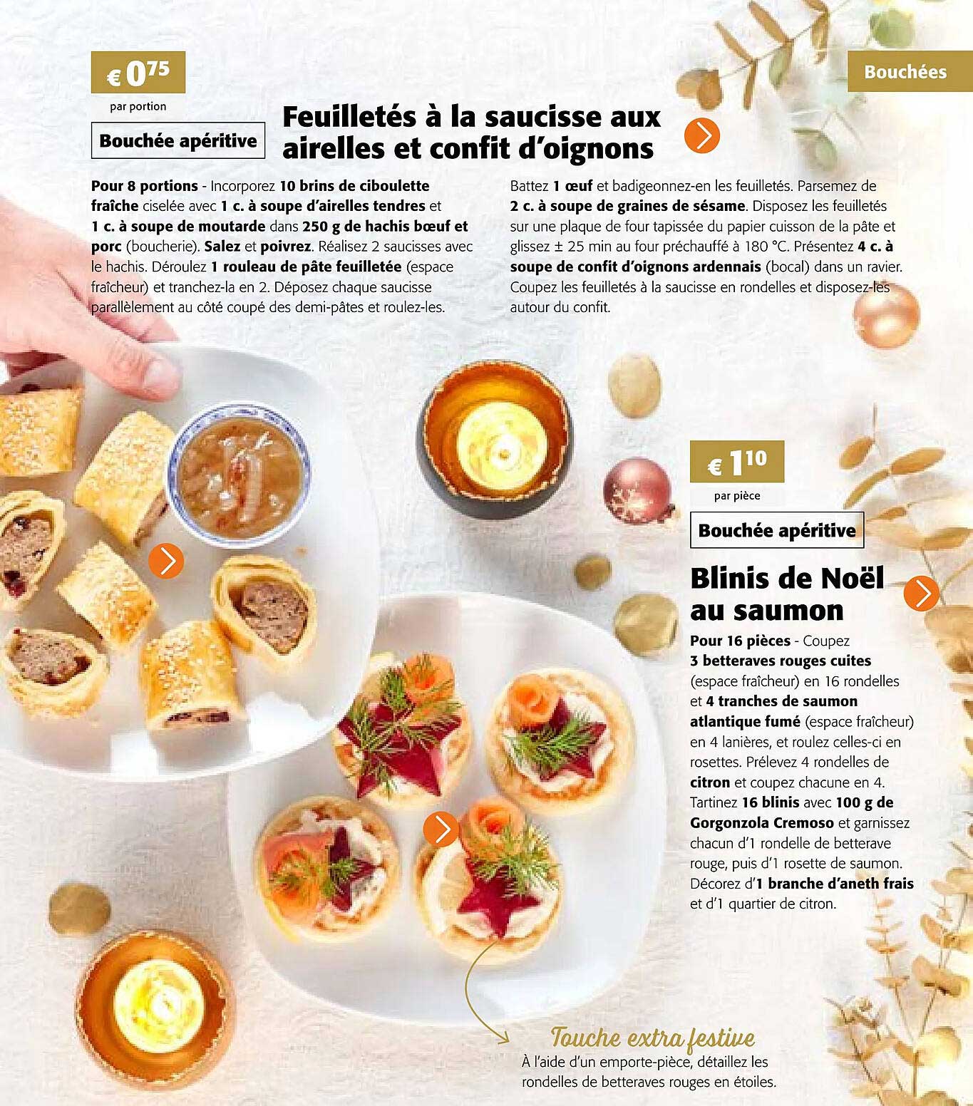 feuilletés à la saucisse aux airelles et confit d'oignons, blinis de noël au saumon