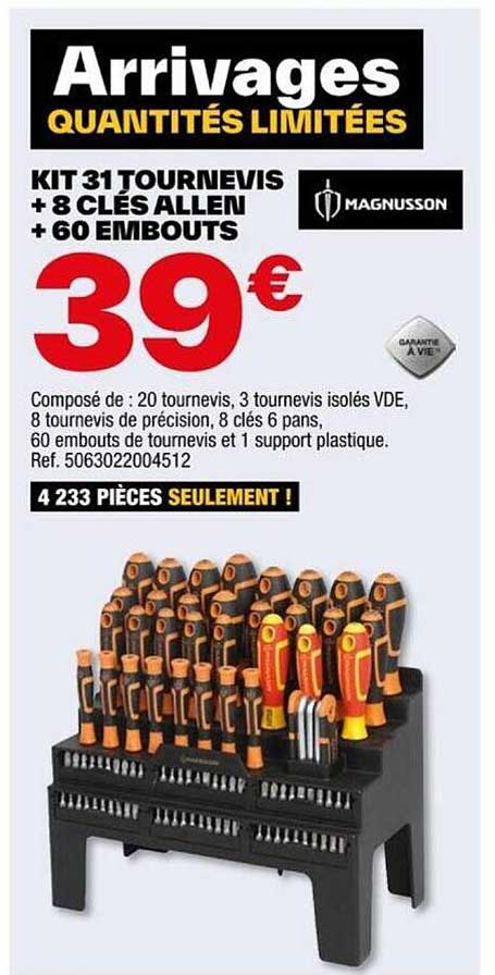 kit 31 tournevis + 8 clés allen + 60 embouts magnusson