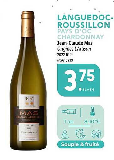 languedoc-roussillon pays d'oc chardonnay jean-claude mas origines l'artisan 2022 igp