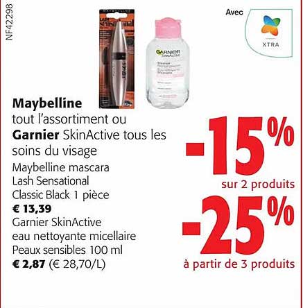 maybelline tout l'assortiment ou garnier skinactive tous les soins du visage
