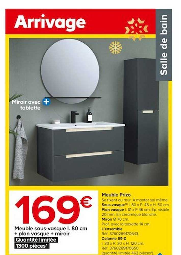 meuble sous-vasque l. 80 cm + plan vasque + miroir prizo