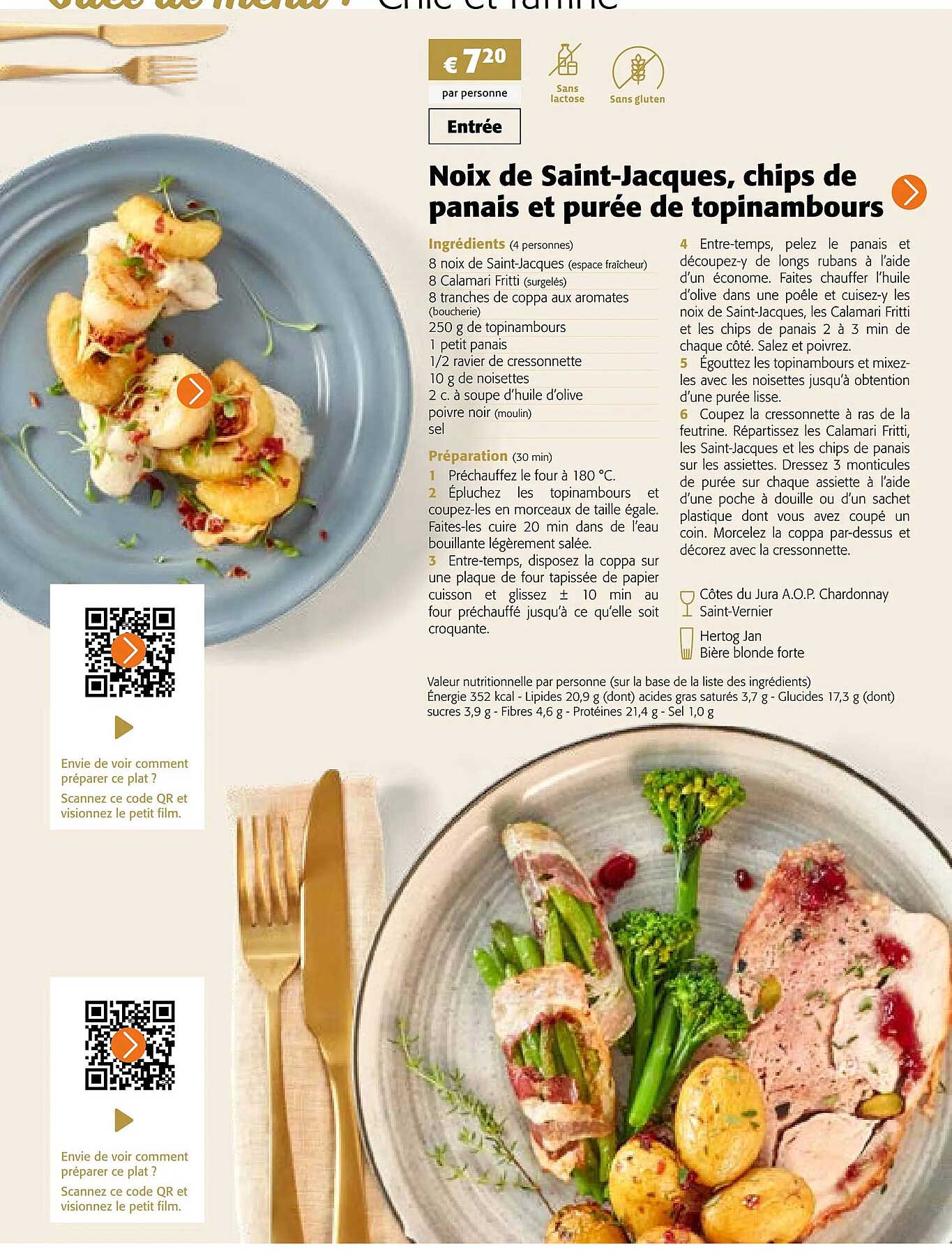 noix de saint-jacques, chips de panais et purée de topinambours