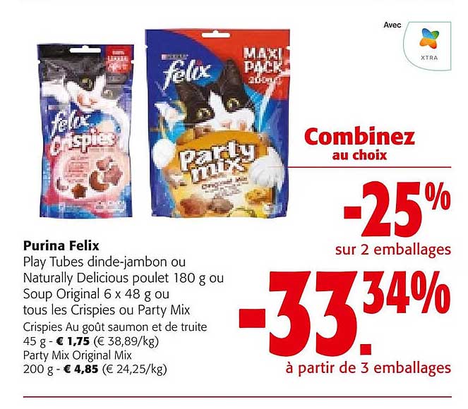 play tubes dinde-jambon ou naturally délicious poulet ou soup original ou les crispies ou party mix purina felix