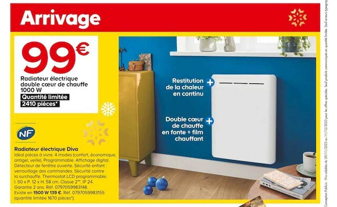 radiateur électrique double cœur de chauffe 1000 w diva