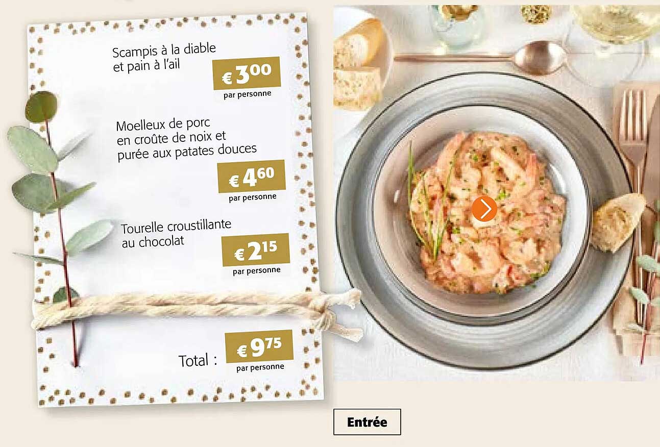 scampis à la diable et pain à l'ail, moelleux de porc en croûte de noix et purée aux patates douces, tourelle croustillante au chocolat