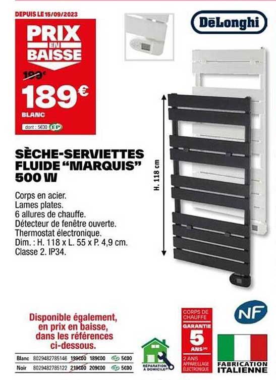 sèche-serviettes fluide & marquisé 500w