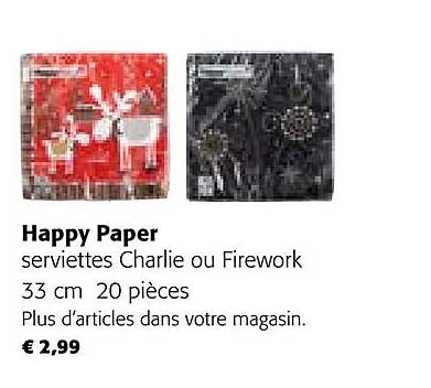 serviettes charlie ou firework 33 cm happy paper