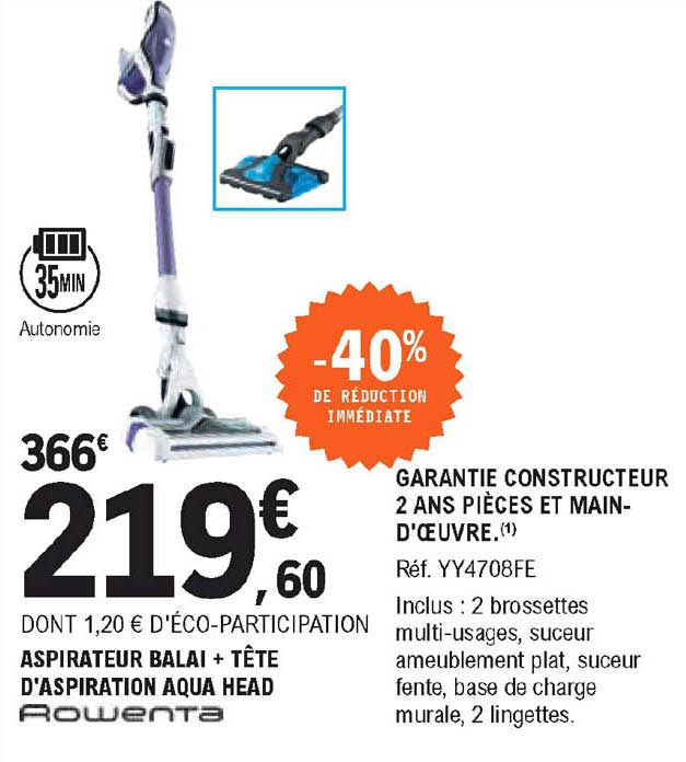 aspirateur balai + tête d'aspiration aqua head rowenta