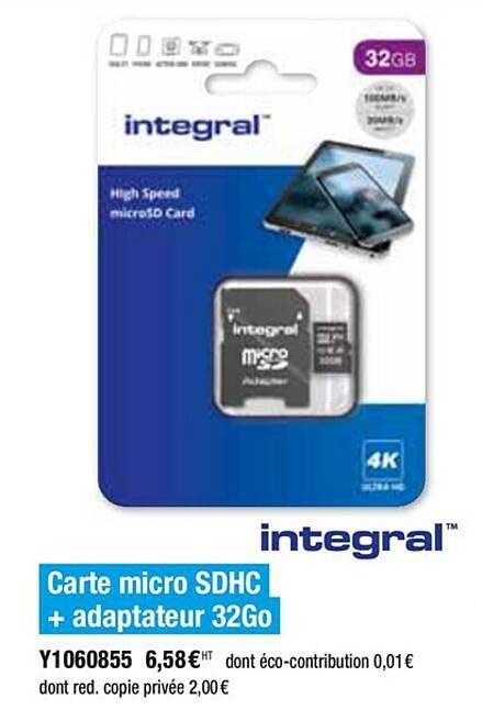 carte micro sdhc + adaptateur 32go integral