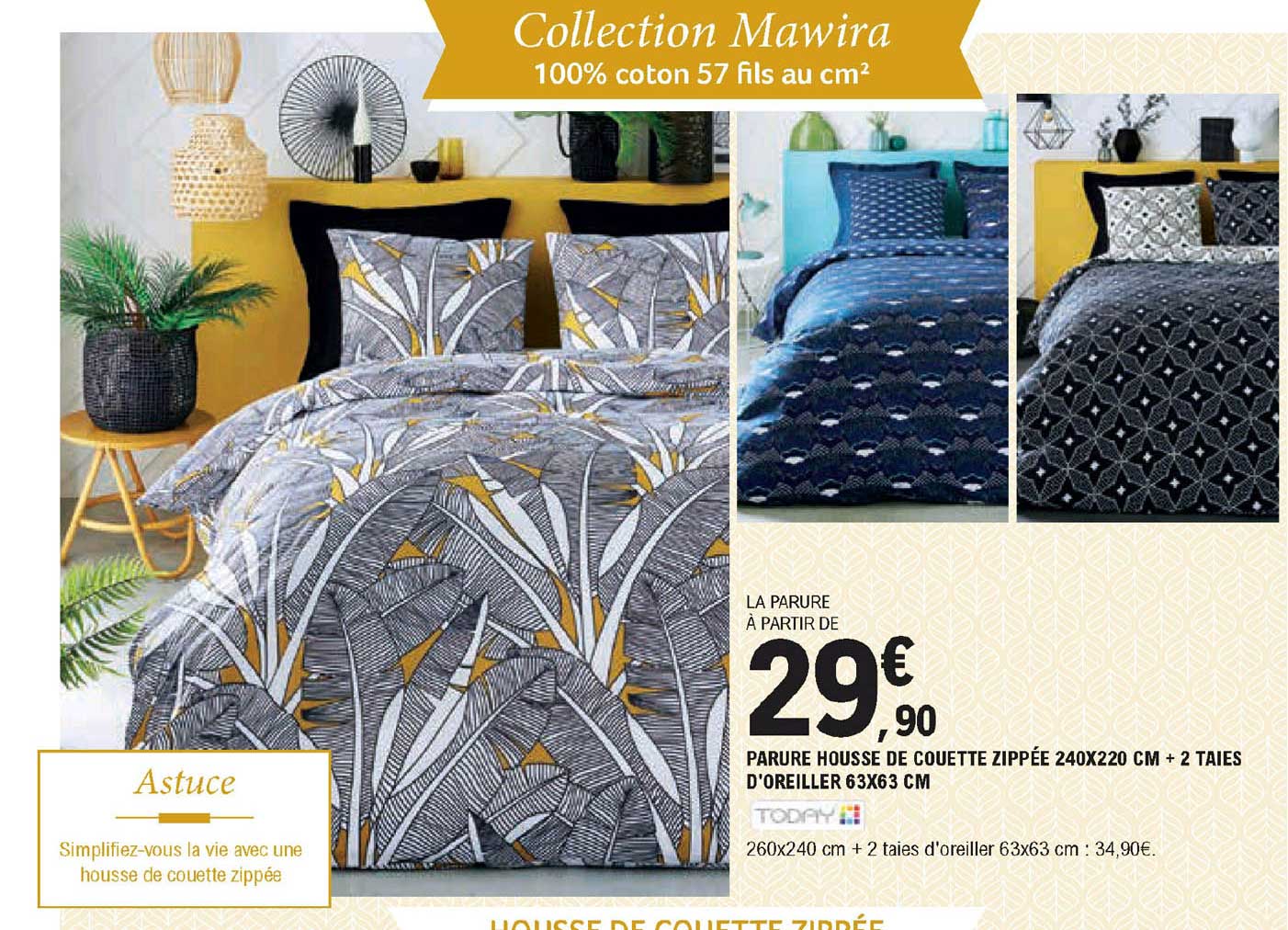 collection mawira parure housse de couette zippée + 2 taies d'oreiller